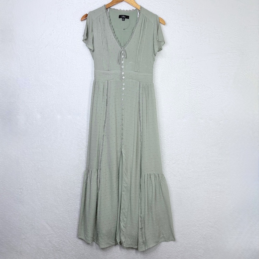 Lulus Sage Green Swiss Dot Maxi Dress XS Short Sleeve Lace Trim Boho Cottagecore